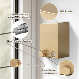 Intrekbare Waslijn - Reiswaslijn Roestvrij Staal - Kleding Drogen - Anti Doorzakken Vergrendeling - 4.2 Meter - Goud — thumbnail 4