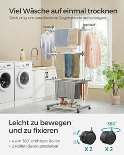 Droogrek - Staand droogrek - 4 niveaus - Vleugelwasrek - Opvouwbare vleugels - Met wielen - 64 x 126 x 172 cm - Grijs — thumbnail 2