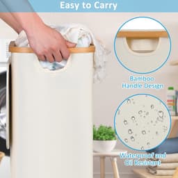 75 Litre Foldable Laundry Basket with Lid - Beige Slim Basket with Wheels, Bamboo Handles and Removable Bag for Bedroom, Bathroom, Kitchen — thumbnail 4
