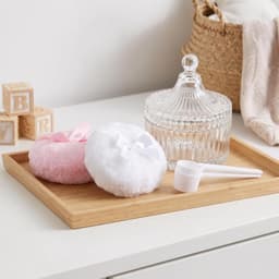 1 set: grote poederdons en glazen potje, zachte applicator en bewaardoosje met lepel voor het verschonen van luiers en het aanbrengen van lichaamspoeder. — thumbnail 4