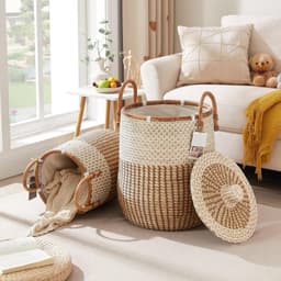 Rieten Wasmand met Deksel - 45x45x60 CM-Set van 3 – Elegant - Bruin — thumbnail 4