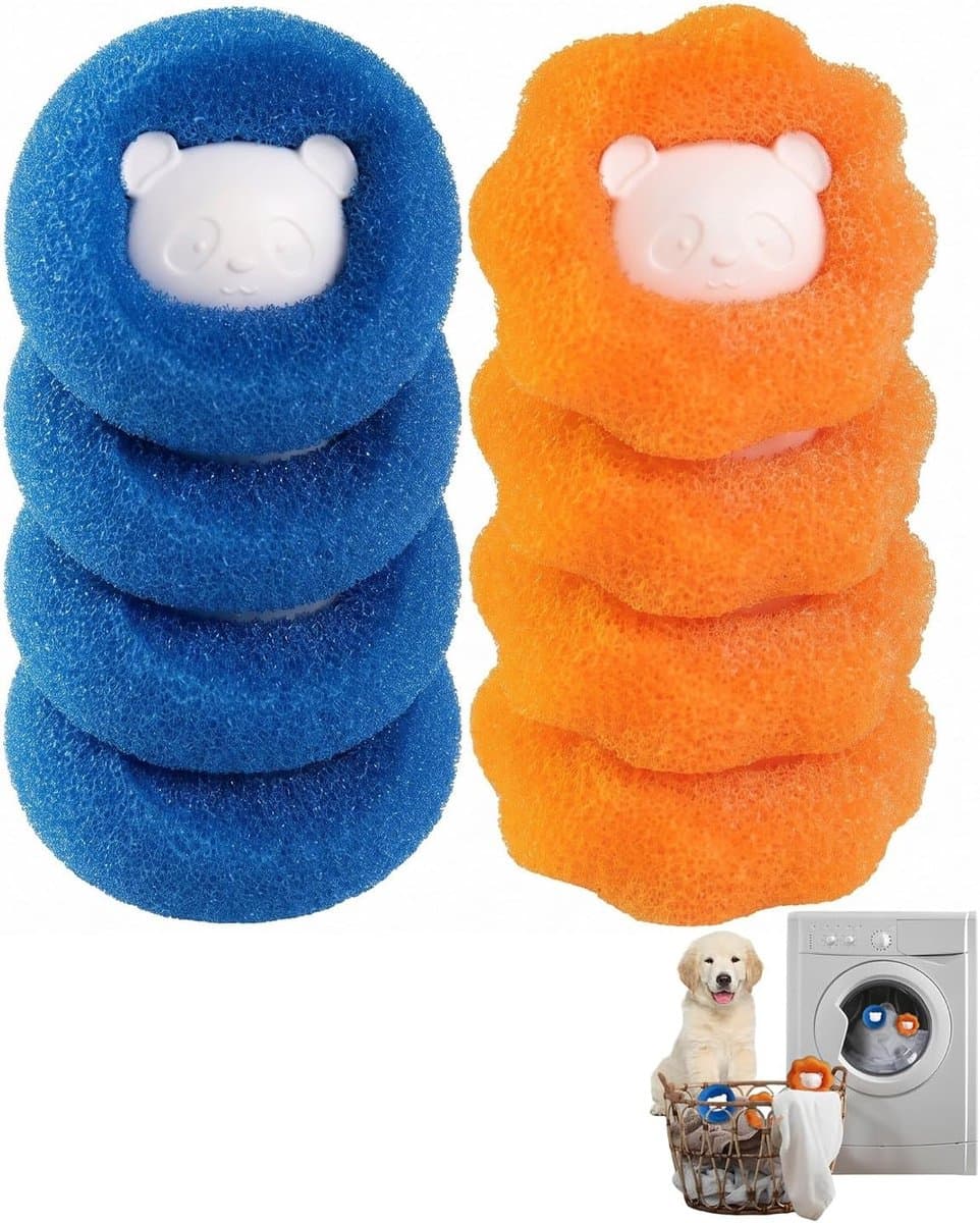 Wasmachine, 8 ballen voor haren (4 blauw, 4 oranje), vangt haren van honden en katten, beschermt delicate stoffen, intelligente wasoplossing zonder filtering — afbeelding 1