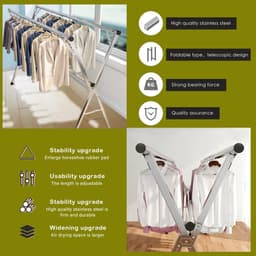 AIODE Kledingrek, 240 cm roestvrijstalen droogrek, verstelbaar en opvouwbaar, ruimtebesparend, binnen en buiten met winddichte haken — thumbnail 4