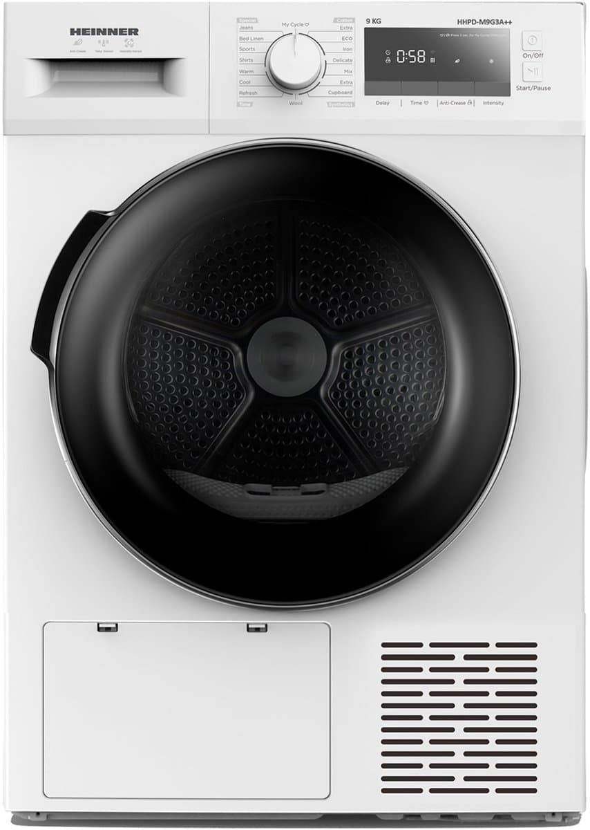 Heinner HHPD-M9G3A++ Warmtepompdroger 9 kg – 14 Droogprogramma’s – LED-display – Anti-sifonfunctie – Trommelverlichting – Startuitstel – Wit – 5 Jaar Garantie — afbeelding 1