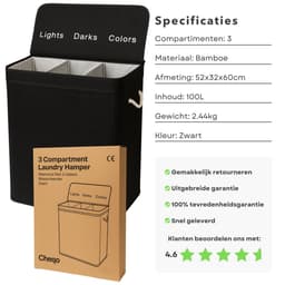 Cheqo® Wasmand 3 Vakken - Wassorteerder - Bamboe Materiaal - Zwart Design - 100 Liter Inhoud - Licht Donker Kleur - Makkelijk Te Monteren - Geen Gereedschap Nodig - Wasbare Binnenzak - Wasgoed Organizer — thumbnail 2