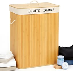 Lomera Wasmand met 2 Vakken - Wassorteerder - Bamboe Materiaal - Afneembaar Deksel - Uitneembare Binnenzak - Wasbare Binnenzak - 100 Liter Inhoud - Naturel Kleur - Was Mand - Was Sorteerder — thumbnail 1