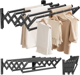 Dailygoods- Wanddroogrek roestvrij staal - Uittrekbaar 42-80 cm - Draagvermogen 26 kg - Zeven droogstangen - Ideaal voor binnen/buiten - Wasdroogrek — thumbnail 1