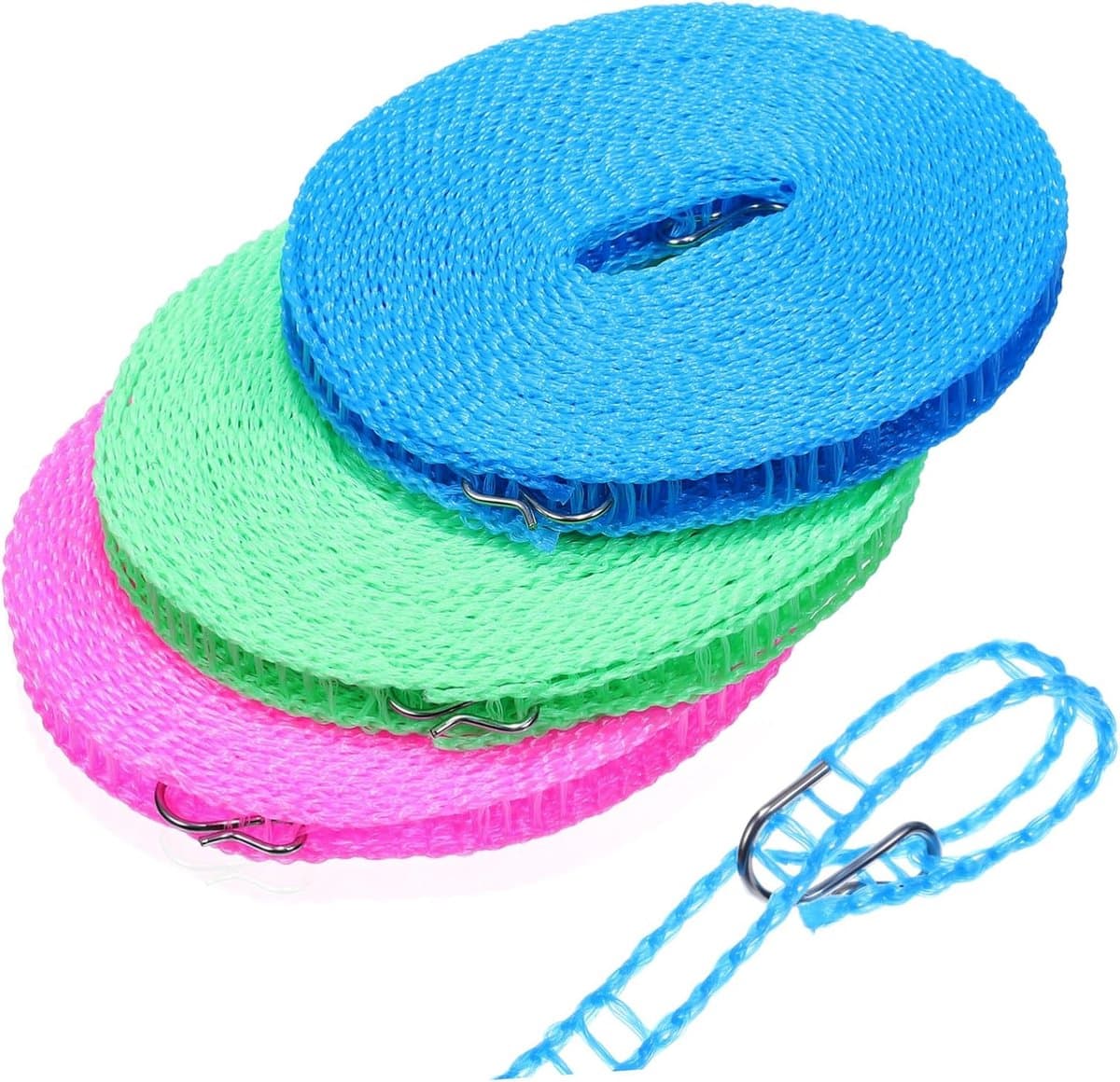 Kledinglijn Set - Waslijn Buiten - Kamperen en Reizen - Met Metalen Haken - 3 Rollen - Assorti — afbeelding 1