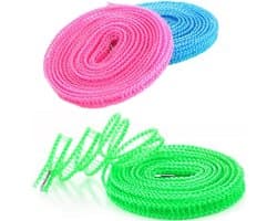 3 Stuks Camping Waslijn - Antislip Waslijn - Windbestendige Waslijn - 5 Meter Lang - Windscherm - Draagbare - Ook Zonder Boren - Roldrooglijn - Voor Kamperen, Reizen en Wassen (Binnen & Buiten) - Blauw, Roze, Groen