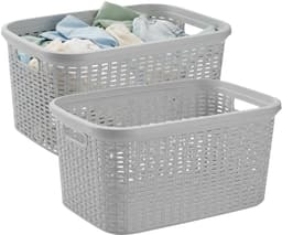 Plasticforte Wasmand - 2x - 35 liter - rotan - licht grijs - kunststof - 53 x 36 x 26 cm - draagmand - met handvatten - lichtgewicht — thumbnail 1
