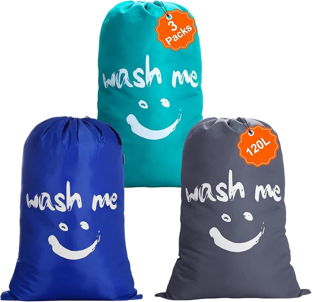 Set van 3 Waszakken, 120 L, Lichtgewicht Nylon Reiszak met Trekkoord, Ideaal voor Kamperen, Reizen en Thuisgebruik, Donkergrijs + Blauw + Donkerblauw — afbeelding 1