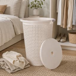 Storage Solutions Wasmand met deksel - wit - 35 liter - 40 x 52 cm - kunststof - rond - wasbox - mand voor wasgoed — thumbnail 3
