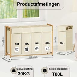 JCP® Wasmand - 200L - Wasmanden - Wasmand 4 Vakken - Beige - 54cm x 36cm x 83cm — thumbnail 5