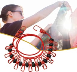 Waslijnen Touw - Kleding Lijn - Was Drogen - Winddichte Clips - Tot 3.7 Meter - Rood — thumbnail 5