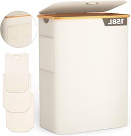 Wasmand met deksel - Kleding organizer - Kleding sorteren - Drie uitneembare vakken - 158 liter - Beige — thumbnail 1