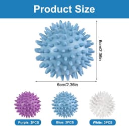 SnelShoppen - 9 Stuks Wasmachine Droger Ballen, Herbruikbare Wasballen voor Donsjacks, Antistatisch, Vermindert Kreukels, 6 cm, Blauw, Wit, Paars — thumbnail 4