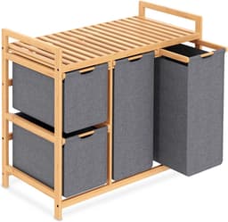 iEGrow Wasmand 3 compartimenten met plank, bamboe wasmand op wielen, 3 x 50 l uittrekbare waszakken, grijze wassorteerder organizer 3 secties wasmand voor slaapkamer badkamer, wasruimte — thumbnail 1