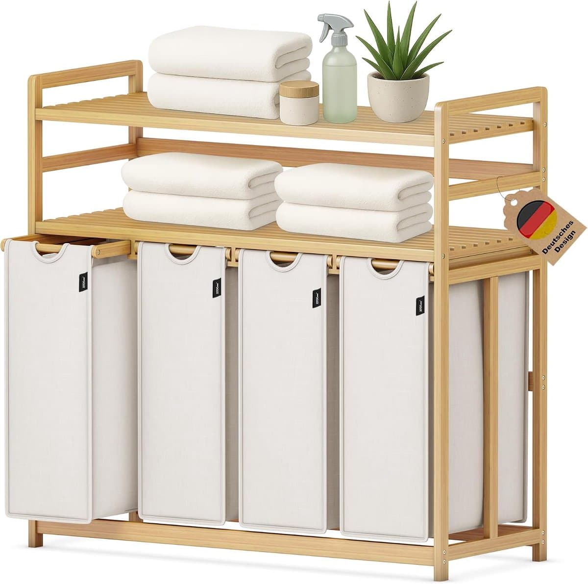198 liter wasverzamelaar, 4 vakken, wasmand met dubbele plank | bamboe wasbox met uitneembare waszakken, ruimtebesparend voor badkamer, slaapkamer, waskeuken, grijs — afbeelding 1