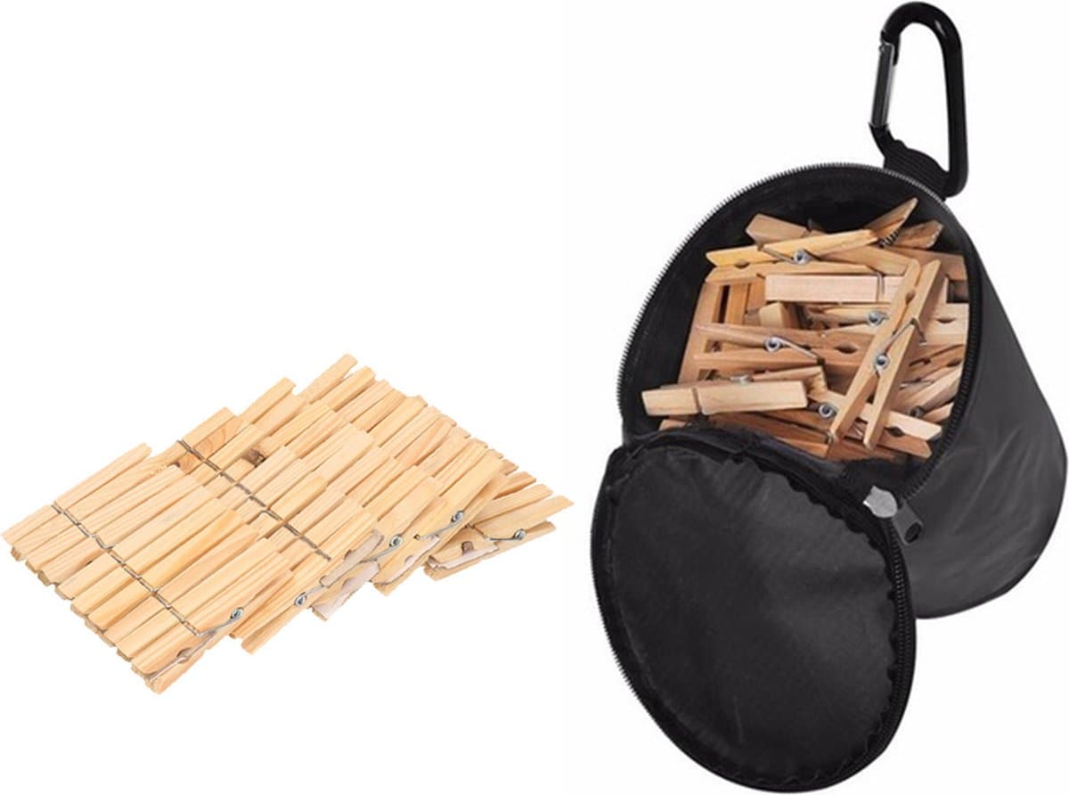 Wasknijpers tasje met haak en 100 stuks houten wasknijpers - Was ophangen - handige huishouden artikelen — afbeelding 1