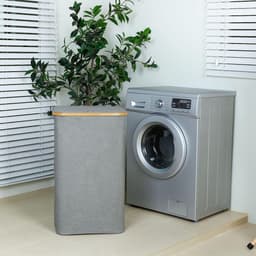 Extra grote 110 liter XL wasmand met deksel en handvat - hoge wasmand met binnenzak voor vuile kleding, speelgoed, handdoeken - grijs — thumbnail 3