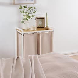Blumtal Wasmand met 2 vakken - Wasmand met bamboe plank - Metalen frame - Wasmand met poten - Wit en creme — thumbnail 2