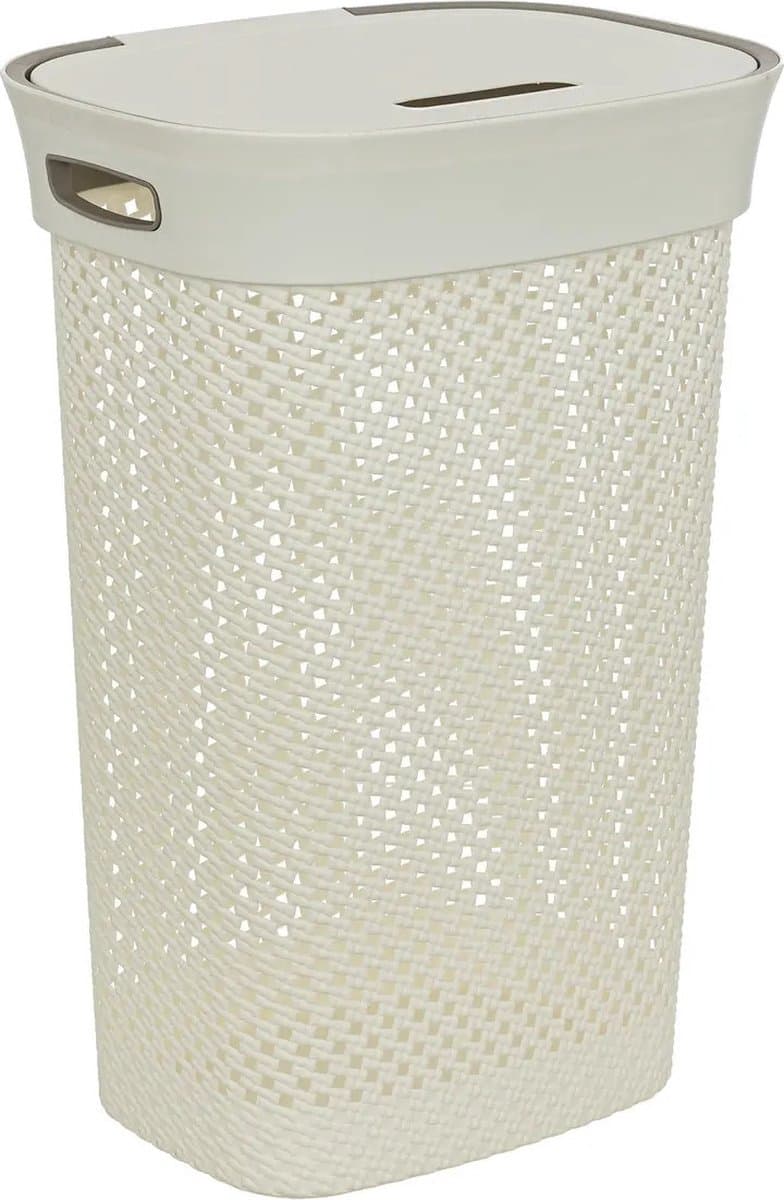 5Five Wasmand met deksel Rotan - wit - gevlochten kunststof - 60 liter - 42 x 33 x 61 cm - Badkamer accessoires — afbeelding 1