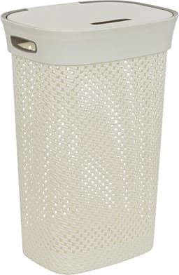 5Five Wasmand met deksel Rotan - wit - gevlochten kunststof - 60 liter - 42 x 33 x 61 cm - Badkamer accessoires — thumbnail 1