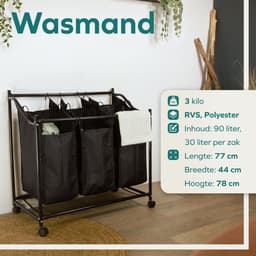 Wellewares - Wasmand 3 Vakken Uitneembaar - Wasbox 90 Liter - Wassorteerder op Wielen - Zwart — thumbnail 2