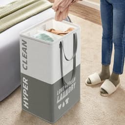 Grote wasmand 90 liter met 2 vakken - staand en opvouwbaar - dubbele handgreep - donkergrijs - voor bijkeuken, slaapkamer, badkamer - 2 stuks Wasmand 3.0 — thumbnail 3