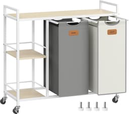 FurnStar - Wasmand 2 vakken - wasverzamelaar 100 l - wassorteerder - rollen - waswagen met planken - waszak - met afneembare vakken - 6 etiketten - kastanjebruin-inktzwart-87 x 33 x 80,5 cm - natuurbeige + duifgrijs + crèmewit — thumbnail 1