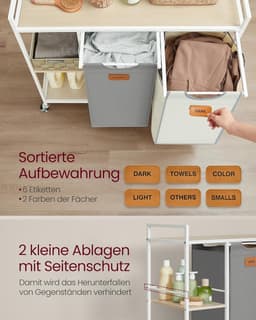 FurnStar - Wasmand 2 vakken - wasverzamelaar 100 l - wassorteerder - rollen - waswagen met planken - waszak - met afneembare vakken - 6 etiketten - kastanjebruin-inktzwart-87 x 33 x 80,5 cm - natuurbeige + duifgrijs + crèmewit — thumbnail 5