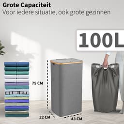 Wasmand met Waszak - 100L - Groot formaat - Wasmand met deksel - Sterk materiaal - Wassorteerder - 2 Stuks - Grijs — thumbnail 2