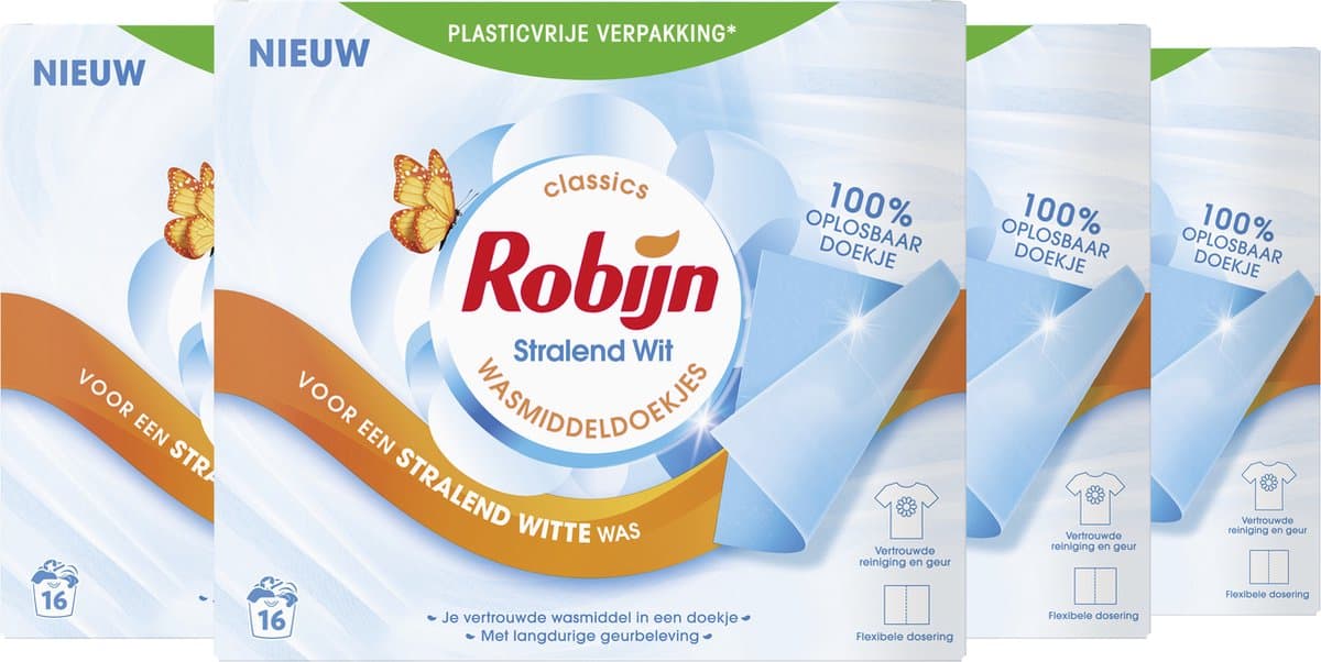 Robijn - Stralend Wit Wasmiddeldoekjes - 4 x 16 wasstrips - Voordeelverpakking — afbeelding 1