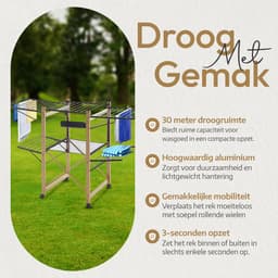 Meisterhome® Zwart - Groot Droogrek - Droogtoren - op wieltjes - inklapbaar – 30 meter droog lengte – Extra stevig en licht - Wasrek – Tot 25 kg wasgoed — thumbnail 4
