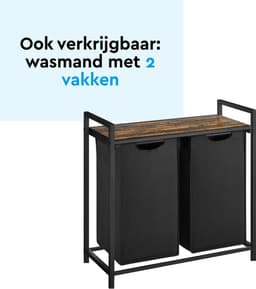 BRASQ Wasmand 3 vakken - Wassorteerder 114 Liter - Uitschuifbaar met Plank 92,5x33x71 cm - Wasbox Zwart Metaal - Bruin hout - Basket — thumbnail 4