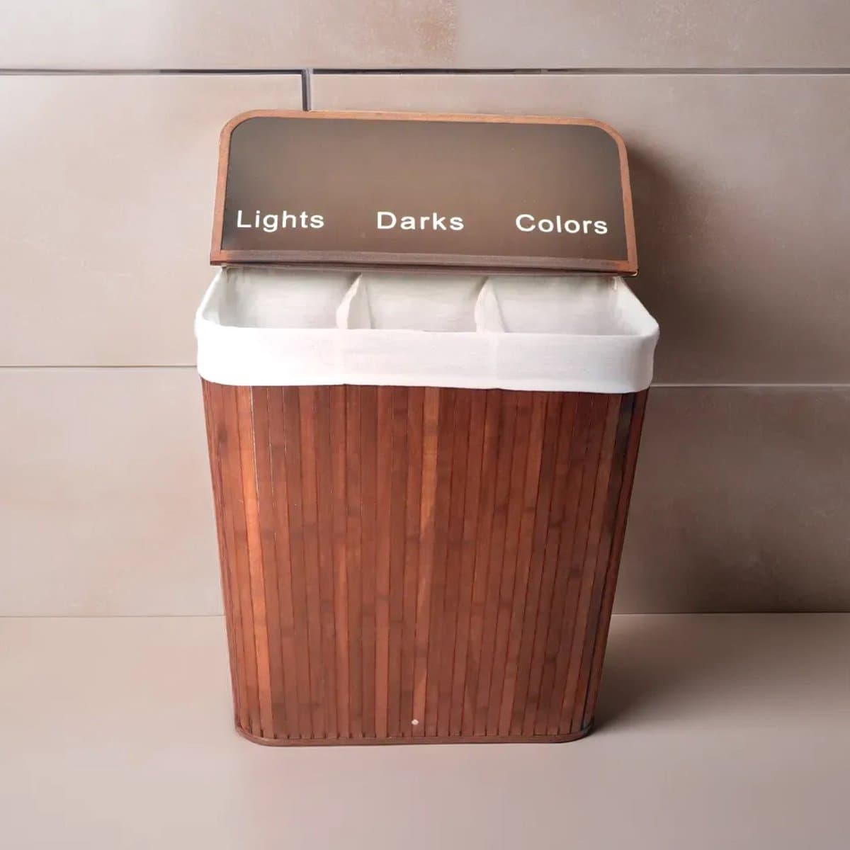 ENGLISH HOME 100L opvouwbare 3-compartimenten wasmand met deksel, wasmand met uitneembare voering, opberg organizer, wasmanden voor wasgoed badkamer, bamboe 52x32x60 cm Bruin — afbeelding 1