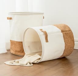 TDR - Katoenlinnen Opbergmand - Waterafstotende Binnenlaag - Speelgoedmand, Wasmand, handvaten , Opvouwbaar - 49 Liter - Wit & Kurk — thumbnail 1
