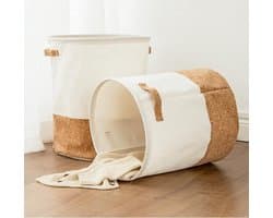 TDR - Katoenlinnen Opbergmand - Waterafstotende Binnenlaag - Speelgoedmand, Wasmand, handvaten , Opvouwbaar - 49 Liter - Wit & Kurk — afbeelding 1