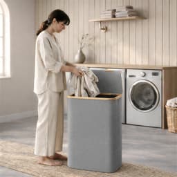 ACAZA Wasmand Met Deksel - 2 Vakken - 130 L - Bamboe - 52 x 38,5 x 70,5 cm - Grijs — thumbnail 5
