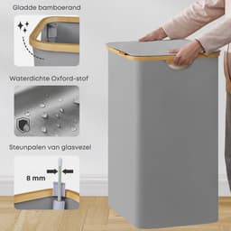 ACAZA Wasmand Met Deksel - 2 Vakken - 130 L - Bamboe - 52 x 38,5 x 70,5 cm - Grijs — thumbnail 4
