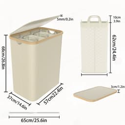 140 l wasmand van Oxford-weefsel, 3 vakken, afneembare wasverzamelaar met bamboeframe, opvouwbare waszak, wasboxen met handvat en deksel, wassorteerder, wasmand voor bijkeuken (beige) NAIZY — thumbnail 2