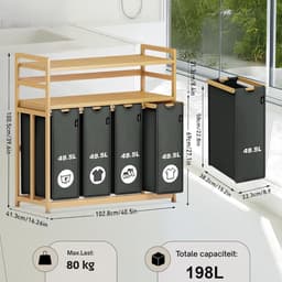 Nexvo® Wasmand 4 Vakken - Wassorteerder - Wasmand - Bamboe Frame - Donkergrijs - 103cm x 42cm x 101cm — thumbnail 3