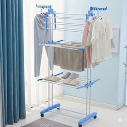4-Laags Opvouwbaar Wasdroogrek Blauw/Wit – Met Wielen – Ruimtebesparende Wasdroogtoren met 6 Vleugels – Stevig Metalen Frame — thumbnail 4