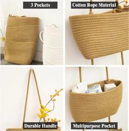 Wasmand - Wassorteerder - Wandslinger Mand - Kaki Kleur Geweven Opslagzak - Decoratieve Drie-Laagse Hangende Mand – Perfect voor Babykamer - Grote 3-Luik — thumbnail 2
