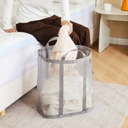 Opvouwbare ademende wasmand - waszak van gaas - wasmand voor het sorteren van kleding - waszak van gaas met handvat - opvouwbare wasmand - opvouwbare wasmand voor wandmontage - geschikt voor badkamer - studentenkamers - reizen - grijs — thumbnail 3