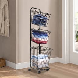 Wasmandwagen Met 3 Manden Zwart 26*32*123cm 3-Laags Rolbare Wasmanden Op Wielen Wasrek Waswagen Voor Badkamer Waskeuken — thumbnail 5