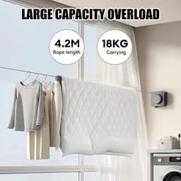 Luxe Uitschuifbare Waslijn - Onzichtbare Waslijn Uitschuifbaar - Modern Design - 4.2 Meter - Roestvrij & Weersbestendig - RVS Staaldraad - Retractable Drooglijn - Geschikt voor Binnen & Buiten - Belasting tot 18kg - Grijs — thumbnail 2