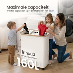 Wasmand 3 Vakken - Wassorteerder met Deksel - Wasbox op Wielen - 160L — thumbnail 3