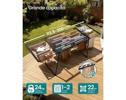 SONGMICS LLR522BH01 Opvouwbare kledingluchter, vloerdroogrek, uitschuifbare vleugels, droogoppervlak 22 m, met sokhouder, zwarte inkt