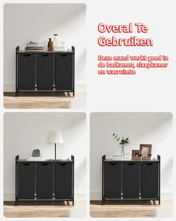 Hoppa! Wasmand - 3 Vakken - Vintage Greige-Zwart - Inclusief Uitschuifbare Waszakken - 92,5 x 33 x 72 cm (B x D x H) — thumbnail 5